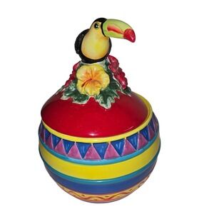 Signature Home Collection Tropical Toucan Ceramic Cookie Jar Canister Floral‎